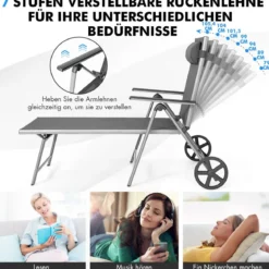 Liegestuhl aus Aluminium mit Rollen Klappbare Sonnenliege 137,5 x 75 x 23,5 cm Grau