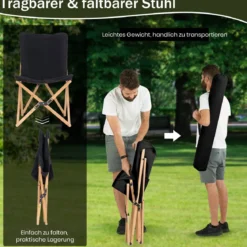 Liegestuhl 2er Set Klappstuhl aus Bambus mit Seitentasche Faltstuhl bis 150 kg belastbar Schwarz