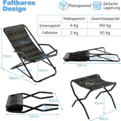 Liegestuhl mit Klapphocker Rattan Strandliege mit sanfter Schaukelbewegung 106 x 65 x 79 cm Grau
