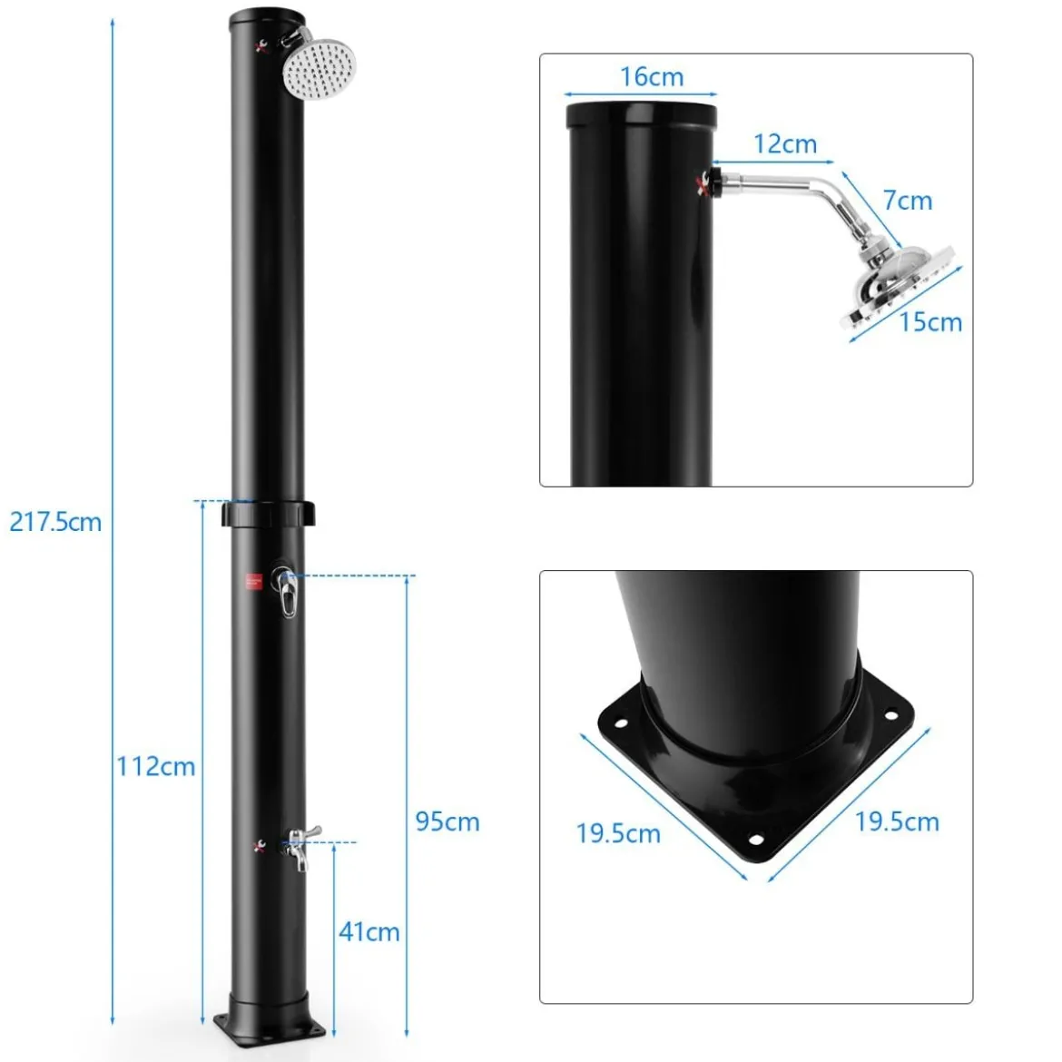 38 Liter Solardusche mit Schwenkbarem Duschkopf & Fußdusche bis 60°C 217,5 cm Schwarz