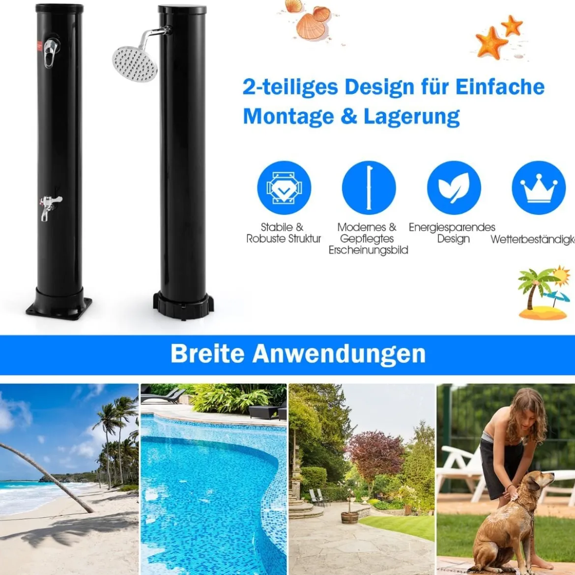 38 Liter Solardusche mit Schwenkbarem Duschkopf & Fußdusche bis 60°C 217,5 cm Schwarz