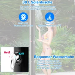 38 Liter Solardusche mit Schwenkbarem Duschkopf & Fußdusche bis 60°C 217,5 cm Schwarz