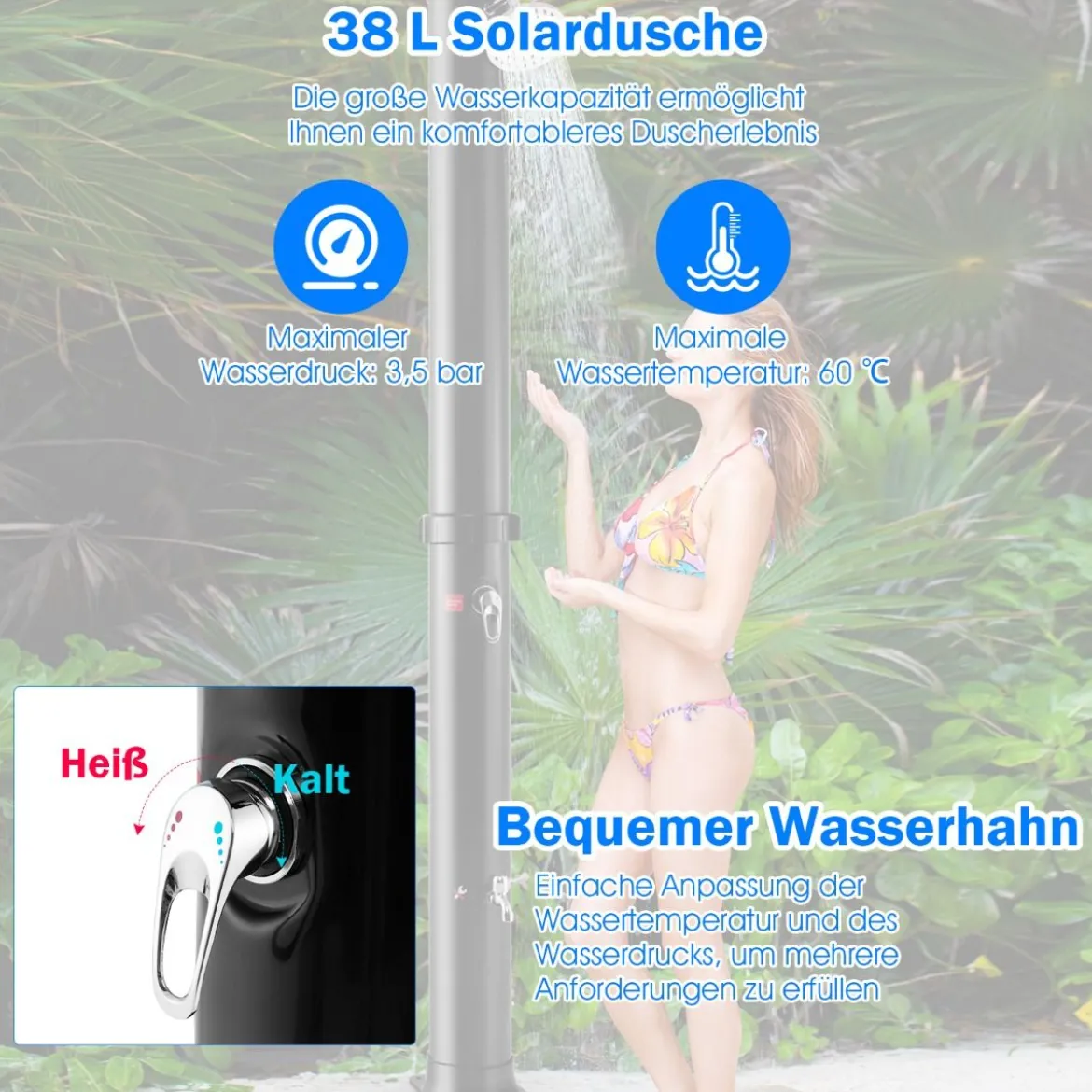38 Liter Solardusche mit Schwenkbarem Duschkopf & Fußdusche bis 60°C 217,5 cm Schwarz