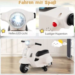 Lizenzierte Vespa Kinder Elektromotorrad 6V Batterie betriebenes Motorrad mit LED-Scheinwerfer Weiß