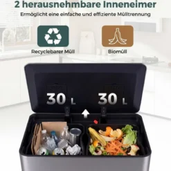 60L Küche Mülleimer aus Edelstahl mit Pedal & Softclose Deckel 2 Fächer Mülltrennsystem Silber
