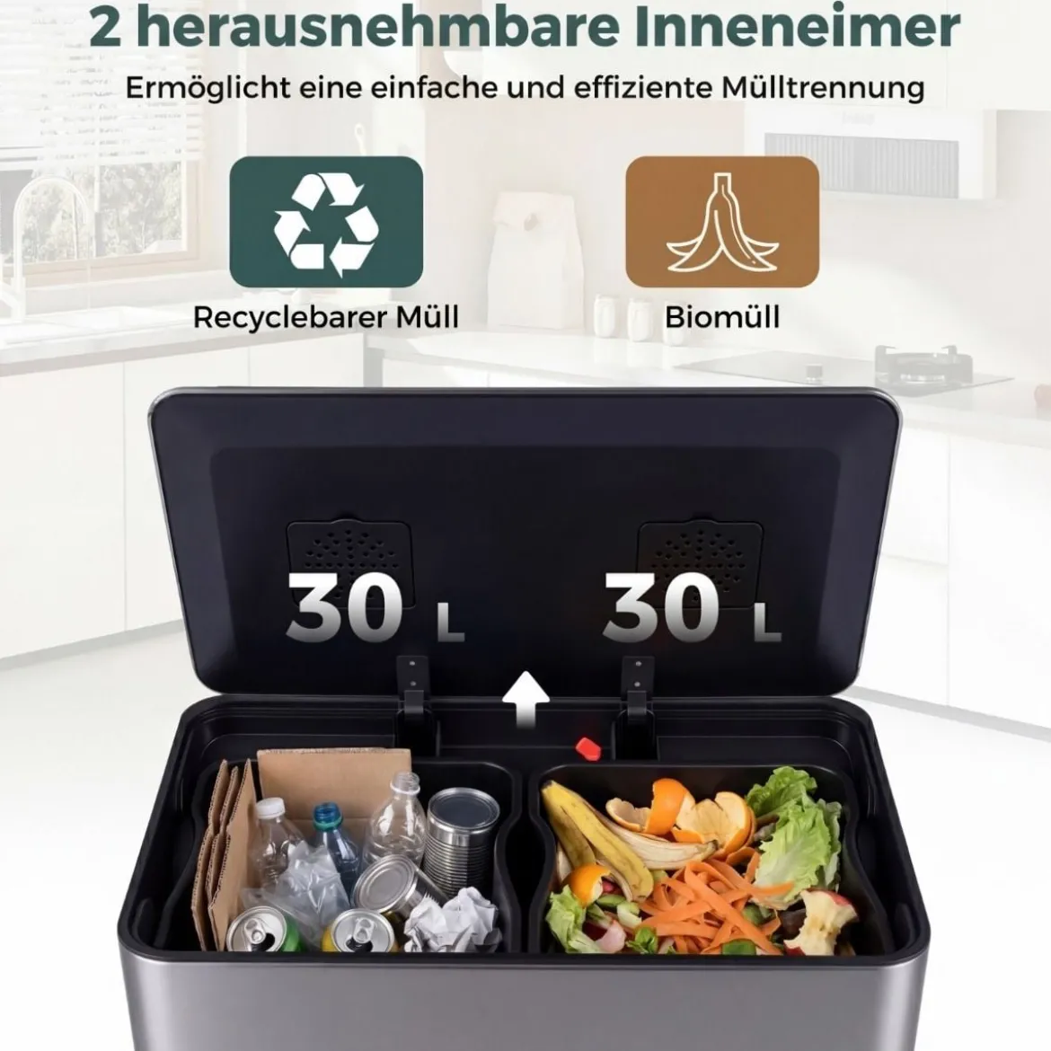 60L Küche Mülleimer aus Edelstahl mit Pedal & Softclose Deckel 2 Fächer Mülltrennsystem Silber