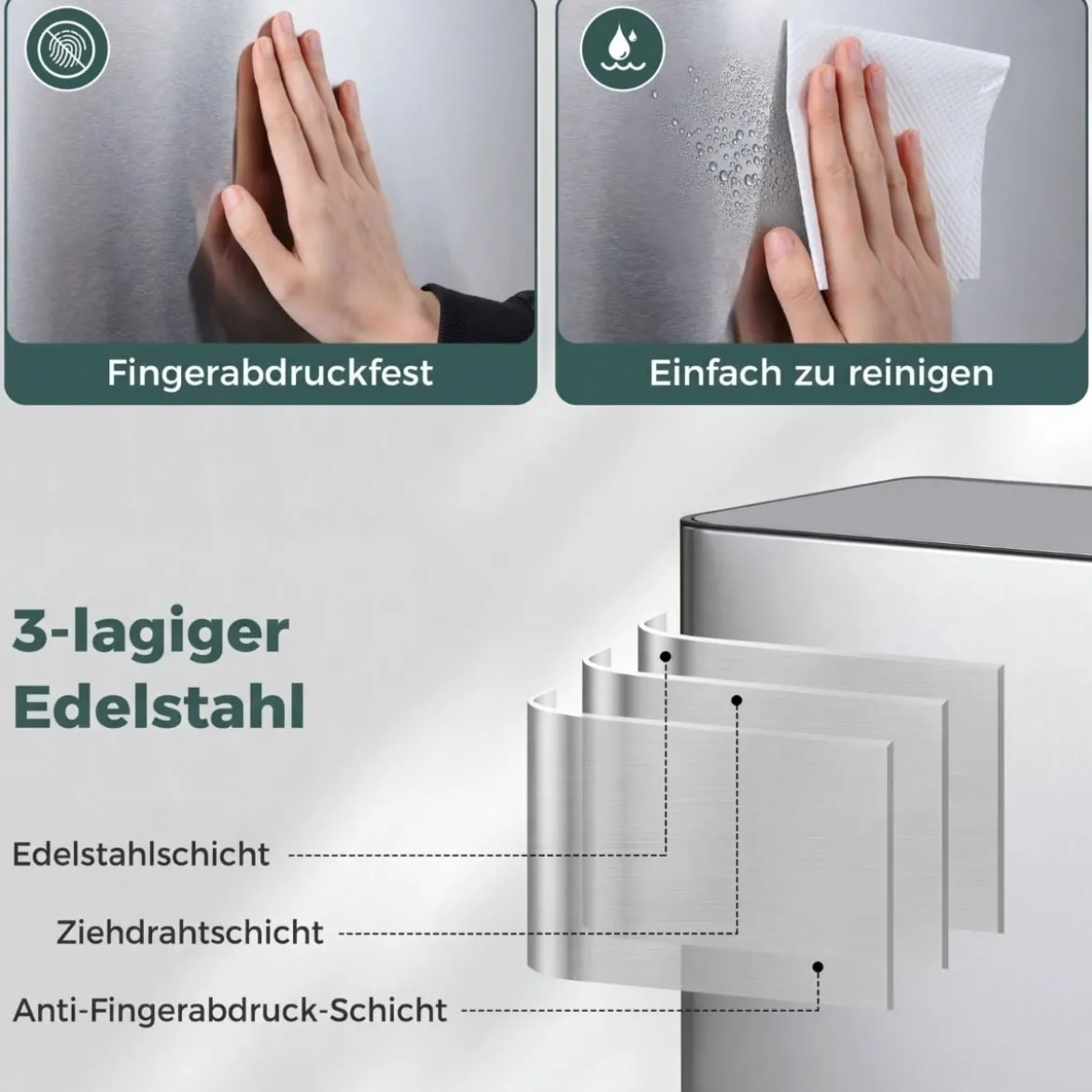 60L Küche Mülleimer aus Edelstahl mit Pedal & Softclose Deckel 2 Fächer Mülltrennsystem Silber