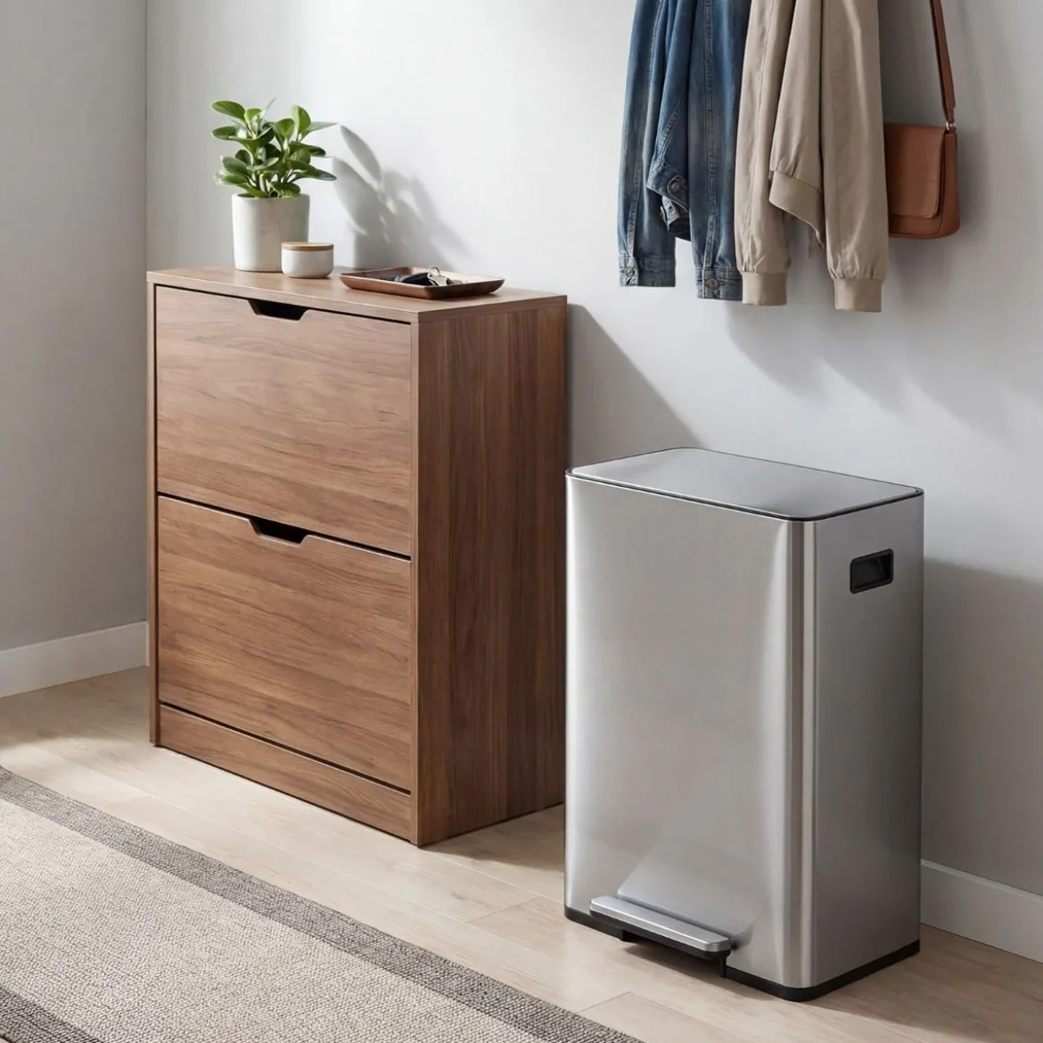 60L Küche Mülleimer aus Edelstahl mit Pedal & Softclose Deckel 2 Fächer Mülltrennsystem Silber