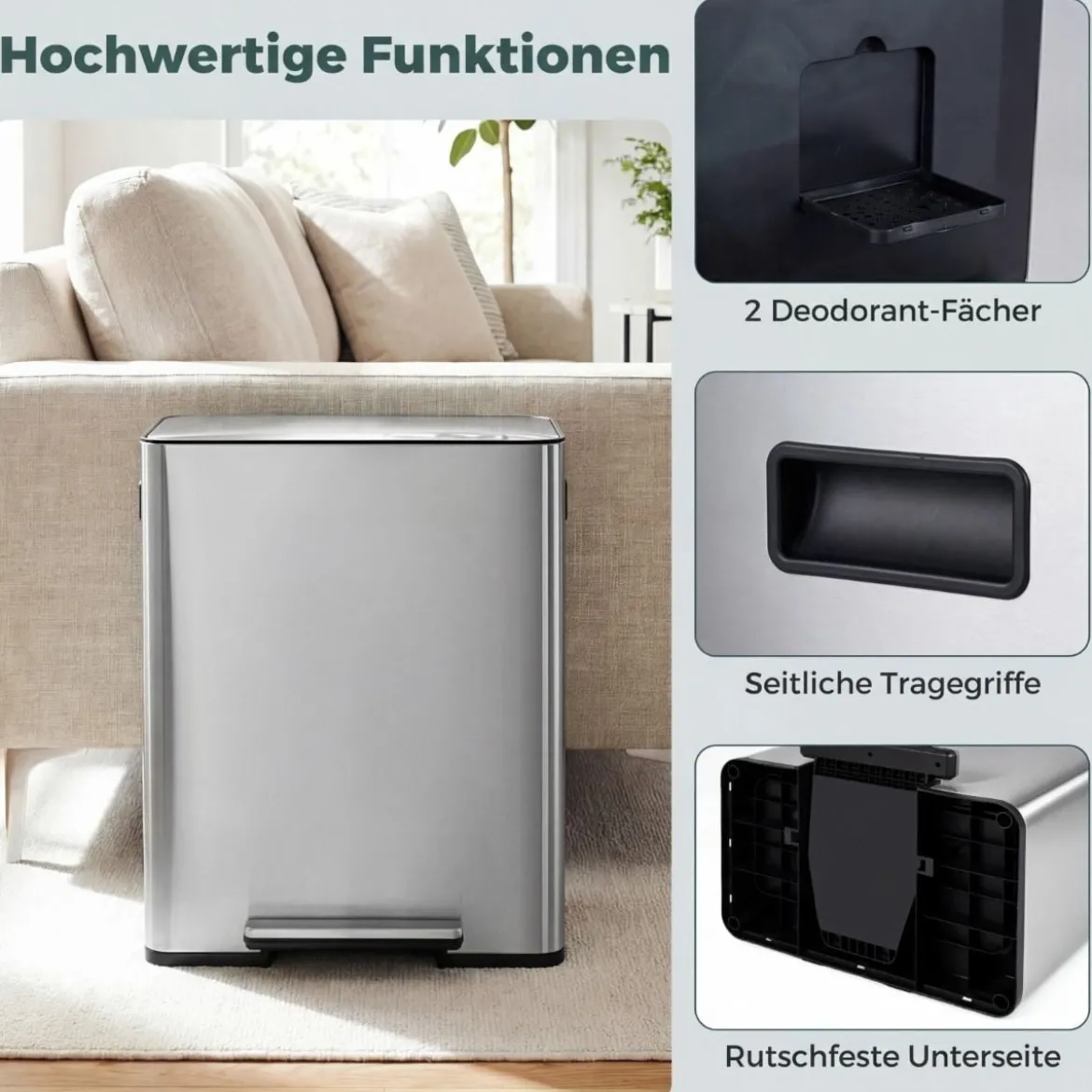 60L Küche Mülleimer aus Edelstahl mit Pedal & Softclose Deckel 2 Fächer Mülltrennsystem Silber