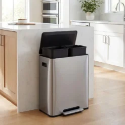 60L Küche Mülleimer aus Edelstahl mit Pedal & Softclose Deckel 2 Fächer Mülltrennsystem Silber
