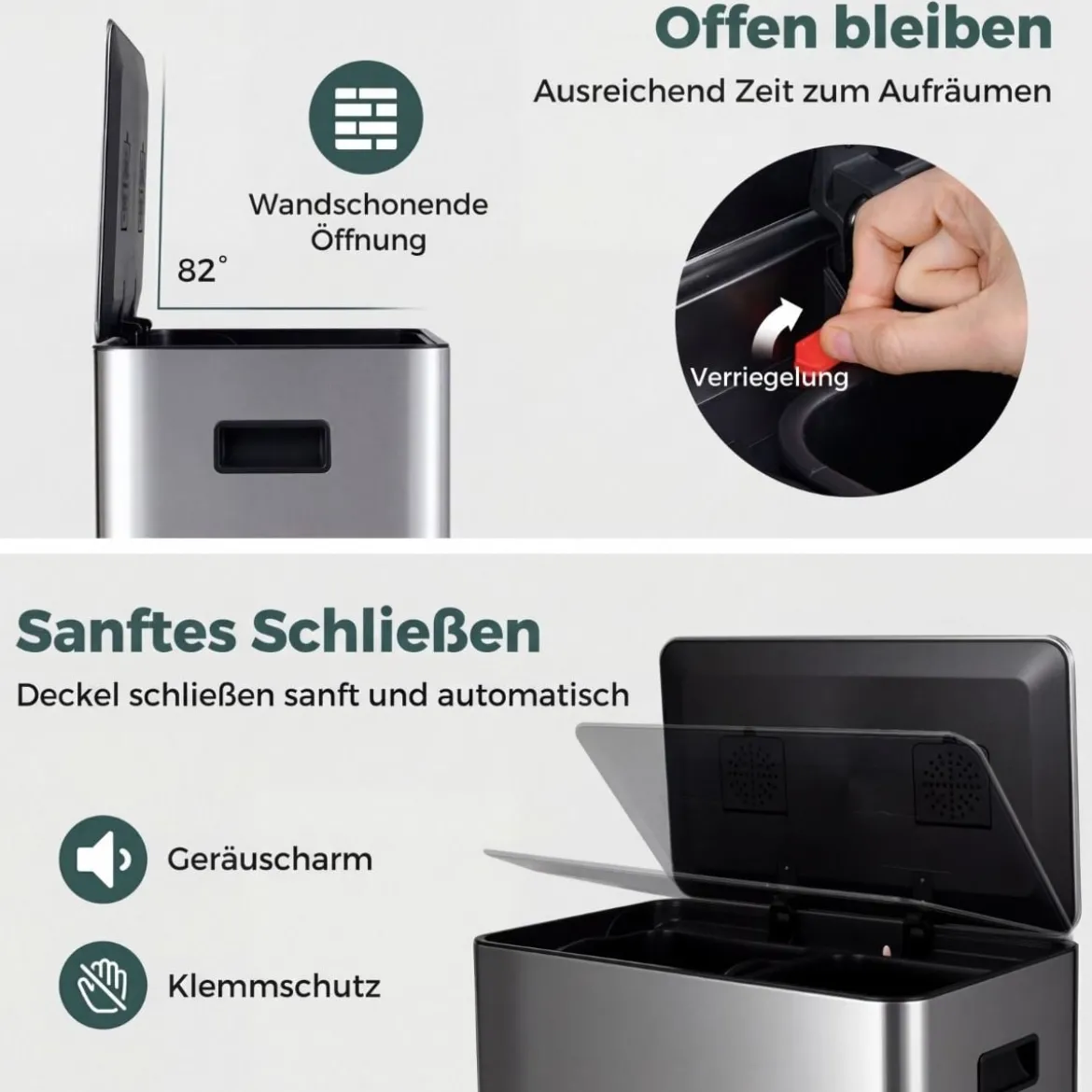60L Küche Mülleimer aus Edelstahl mit Pedal & Softclose Deckel 2 Fächer Mülltrennsystem Silber