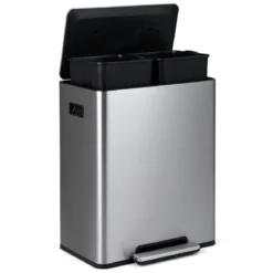 60L Küche Mülleimer aus Edelstahl mit Pedal & Softclose Deckel 2 Fächer Mülltrennsystem Silber