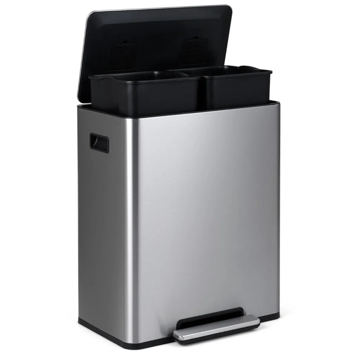 60L Küche Mülleimer aus Edelstahl mit Pedal & Softclose Deckel 2 Fächer Mülltrennsystem Silber