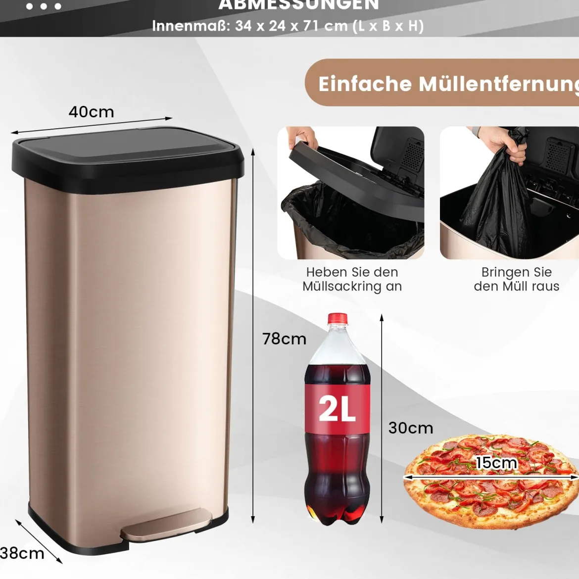 68L Küche Mülleimer mit Sanft Schließendem Deckel & Desodorierungsfach Abfalleimer Golden