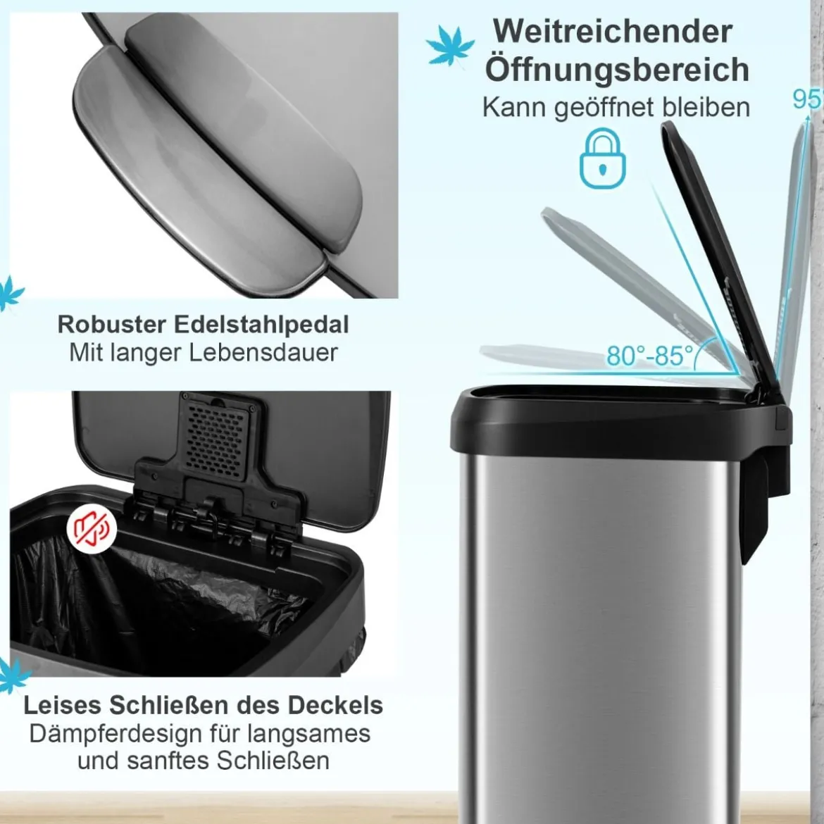 50L Küche Mülleimer mit Sanft Schließendem Deckel & Desodorierungsfach Abfalleimer Silber