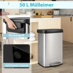 50L Küche Mülleimer mit Sanft Schließendem Deckel & Desodorierungsfach Abfalleimer Silber
