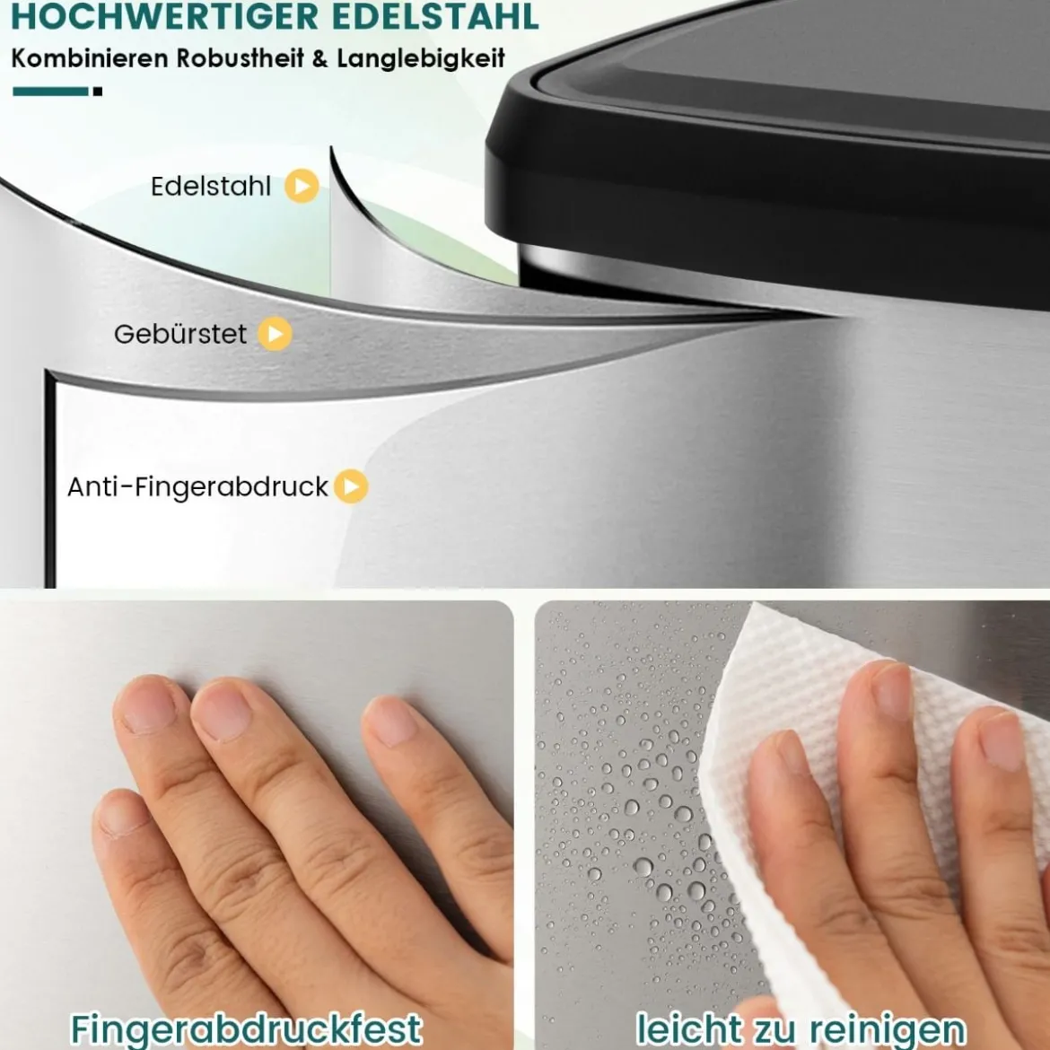 68L Küche Mülleimer mit Sanft Schließendem Deckel & Desodorierungsfach Abfalleimer Silber