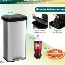 68L Küche Mülleimer mit Sanft Schließendem Deckel & Desodorierungsfach Abfalleimer Silber