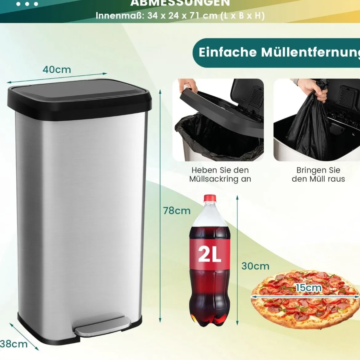 68L Küche Mülleimer mit Sanft Schließendem Deckel & Desodorierungsfach Abfalleimer Silber
