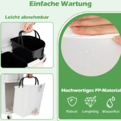 42L Küchenmülleimer mit Deckel & 3 Fächern Tretmülleimer & Fußpedal & Rädern Weiß