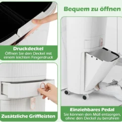 42L Küchenmülleimer mit Deckel & 3 Fächern Tretmülleimer & Fußpedal & Rädern Weiß