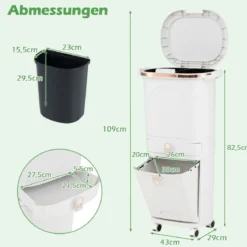 42L Küchenmülleimer mit Deckel & 3 Fächern Tretmülleimer & Fußpedal & Rädern Weiß