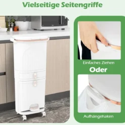 42L Küchenmülleimer mit Deckel & 3 Fächern Tretmülleimer & Fußpedal & Rädern Weiß