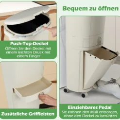 42L Küchenmülleimer mit Deckel & 3 Fächern Tretmülleimer & Fußpedal & Rädern Beige