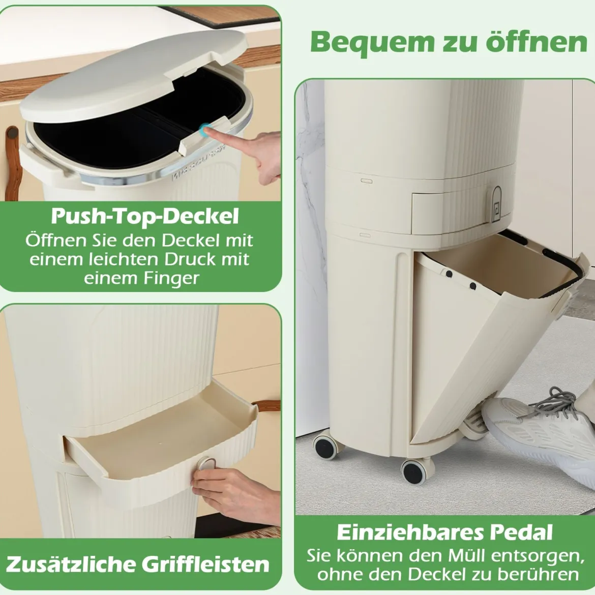 42L Küchenmülleimer mit Deckel & 3 Fächern Tretmülleimer & Fußpedal & Rädern Beige