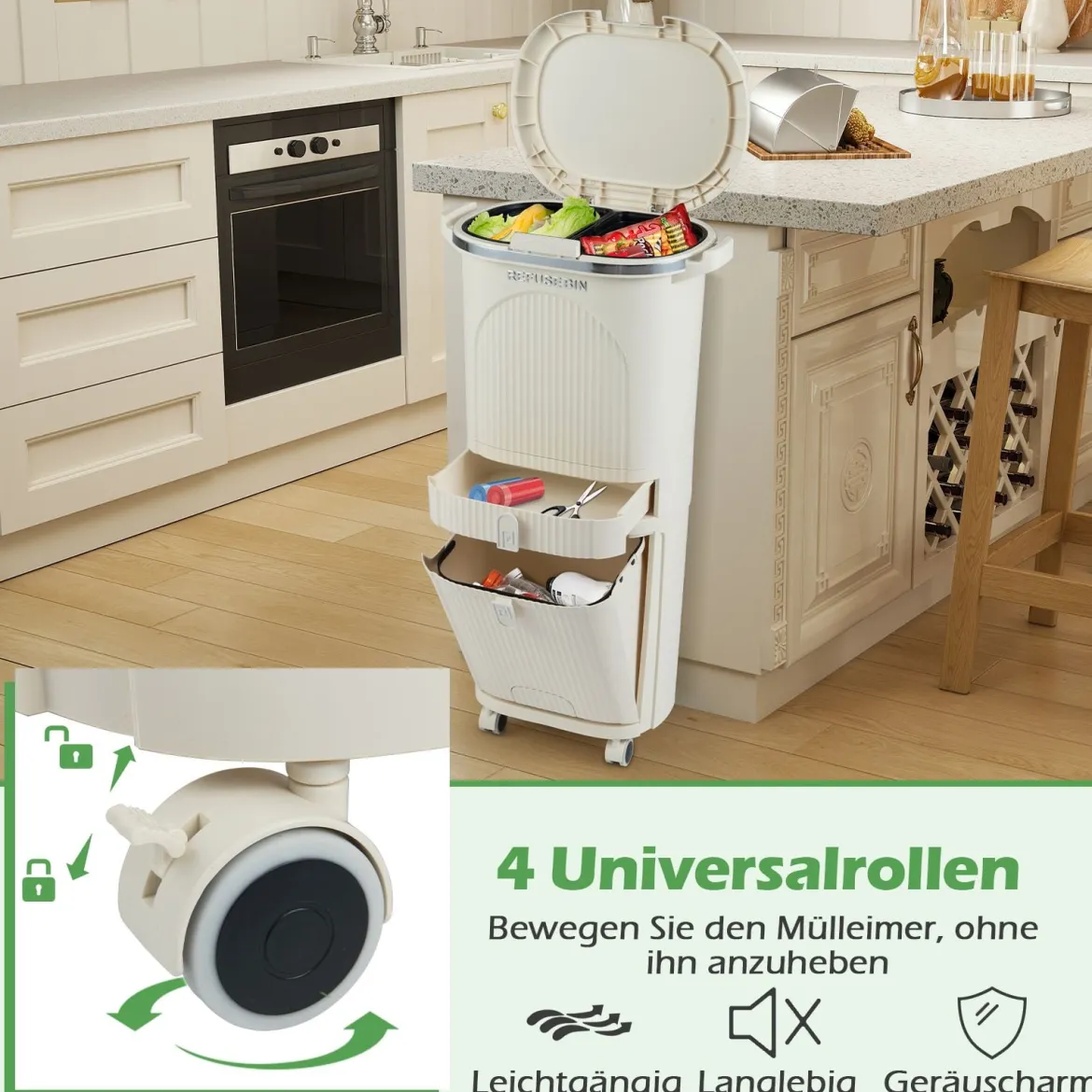 42L Küchenmülleimer mit Deckel & 3 Fächern Tretmülleimer & Fußpedal & Rädern Beige