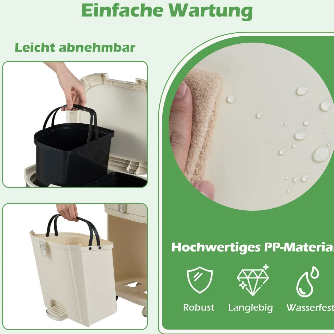 42L Küchenmülleimer mit Deckel & 3 Fächern Tretmülleimer & Fußpedal & Rädern Beige
