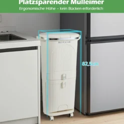 42L Küchenmülleimer mit Deckel & 3 Fächern Tretmülleimer & Fußpedal & Rädern Beige