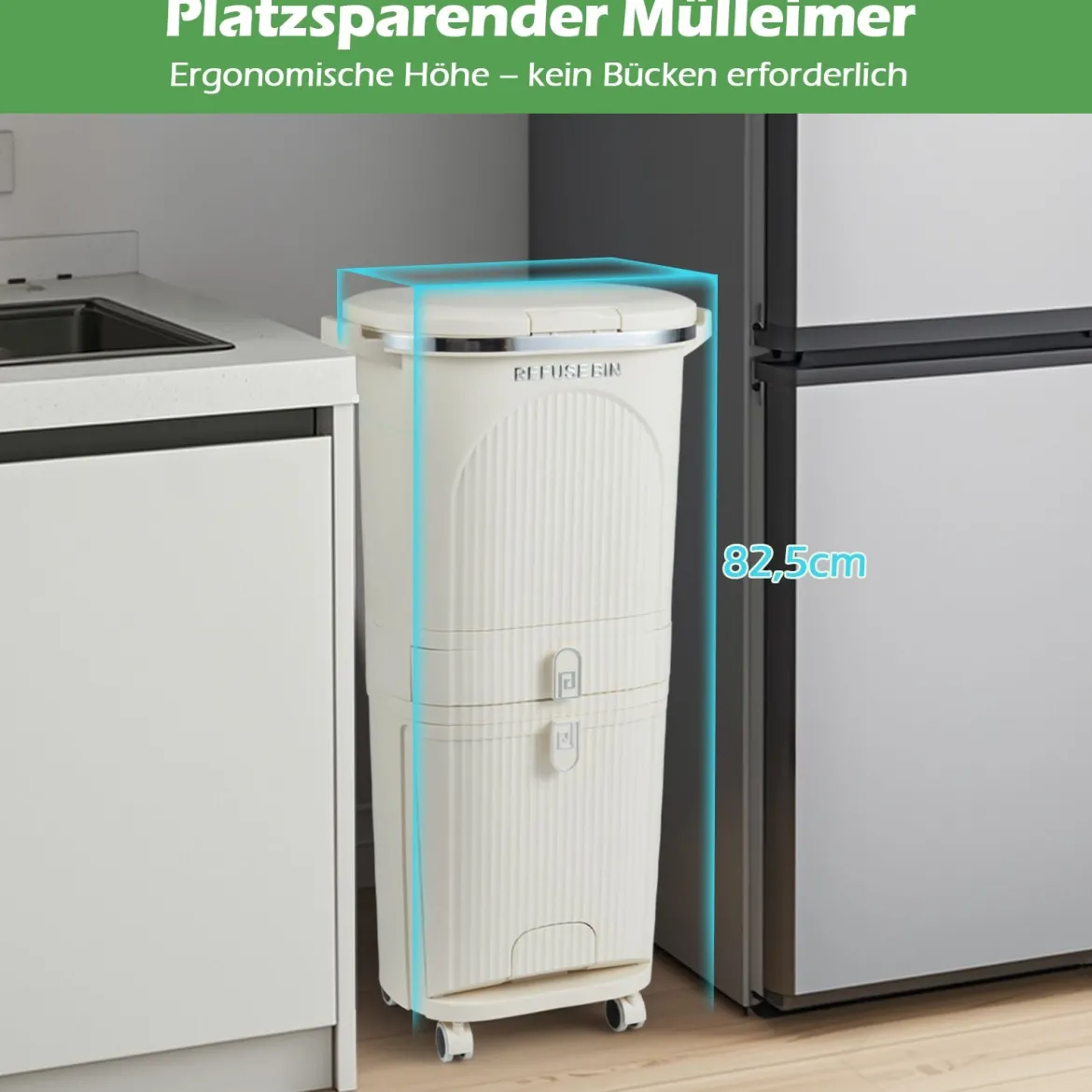 42L Küchenmülleimer mit Deckel & 3 Fächern Tretmülleimer & Fußpedal & Rädern Beige