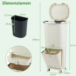 42L Küchenmülleimer mit Deckel & 3 Fächern Tretmülleimer & Fußpedal & Rädern Beige
