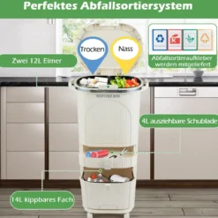 42L Küchenmülleimer mit Deckel & 3 Fächern Tretmülleimer & Fußpedal & Rädern Beige