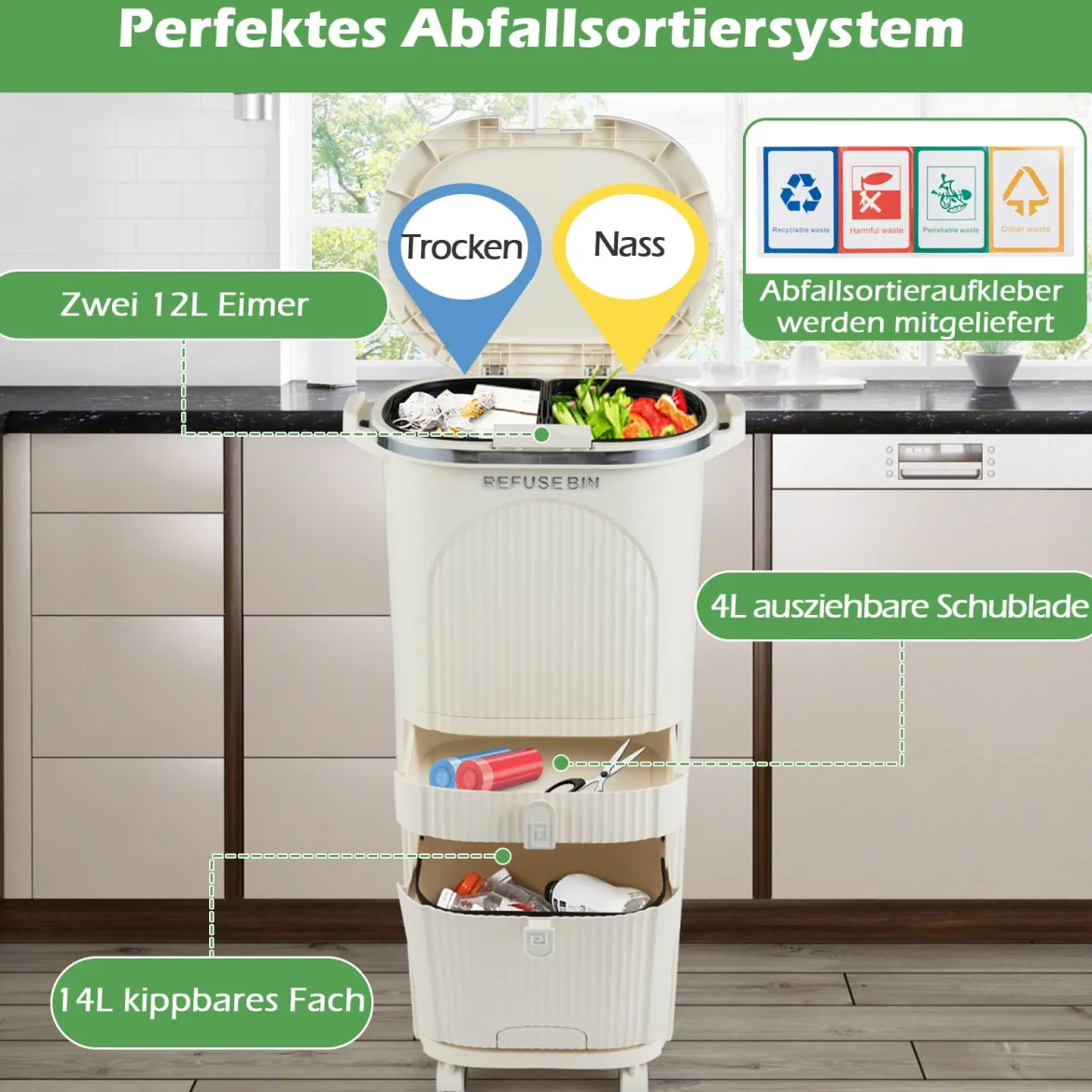 42L Küchenmülleimer mit Deckel & 3 Fächern Tretmülleimer & Fußpedal & Rädern Beige