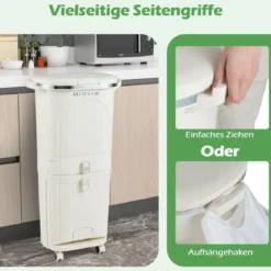42L Küchenmülleimer mit Deckel & 3 Fächern Tretmülleimer & Fußpedal & Rädern Beige