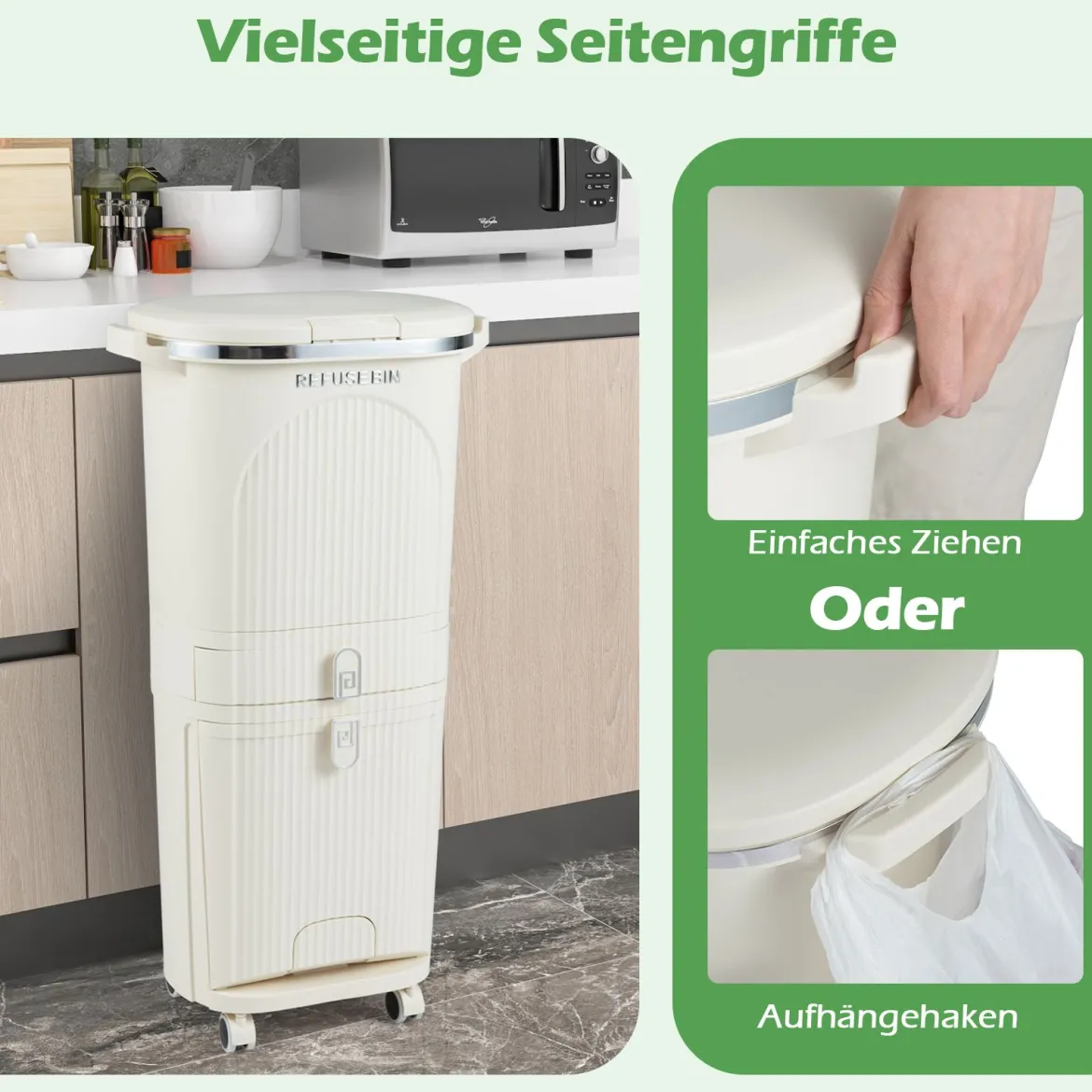 42L Küchenmülleimer mit Deckel & 3 Fächern Tretmülleimer & Fußpedal & Rädern Beige