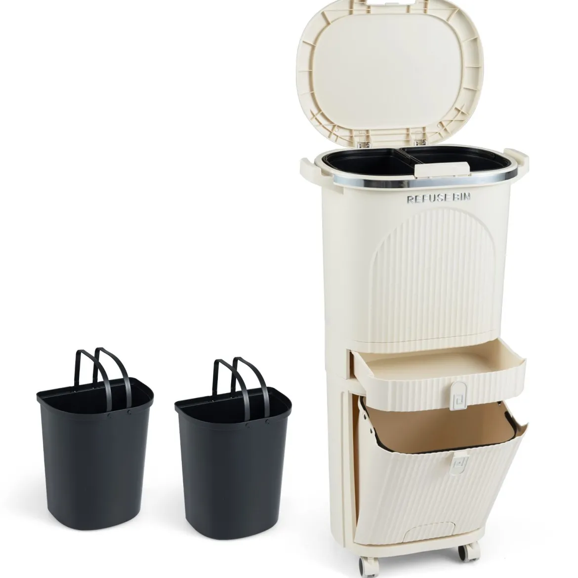 42L Küchenmülleimer mit Deckel & 3 Fächern Tretmülleimer & Fußpedal & Rädern Beige
