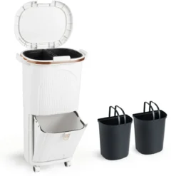 38L Küchenmülleimer mit Deckel & 2 Herausnehmbaren Behältern & Fußpedal & Rädern Weiß