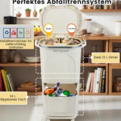 38L Küchenmülleimer mit Deckel & 2 Herausnehmbaren Behältern & Fußpedal & Rädern Beige