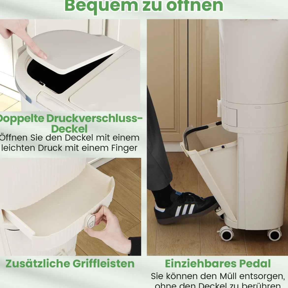 42L Küchenmülleimer mit Deckel 3-stufiger Sortiermülleimer mit 2 abnehmbaren Behältern Beige