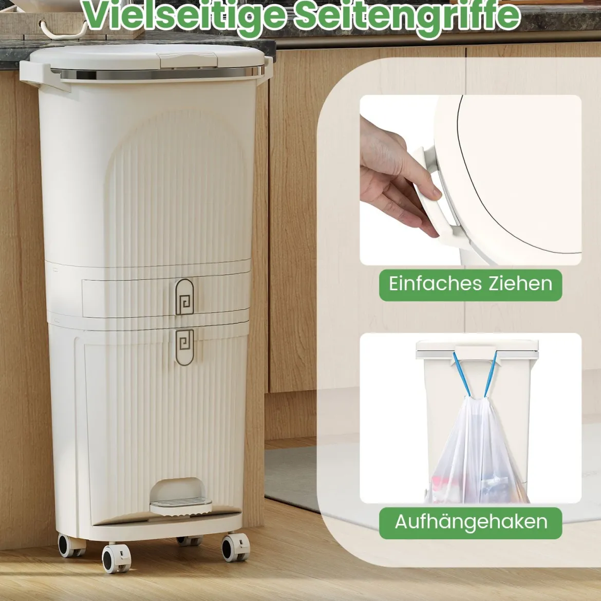 42L Küchenmülleimer mit Deckel 3-stufiger Sortiermülleimer mit 2 abnehmbaren Behältern Beige
