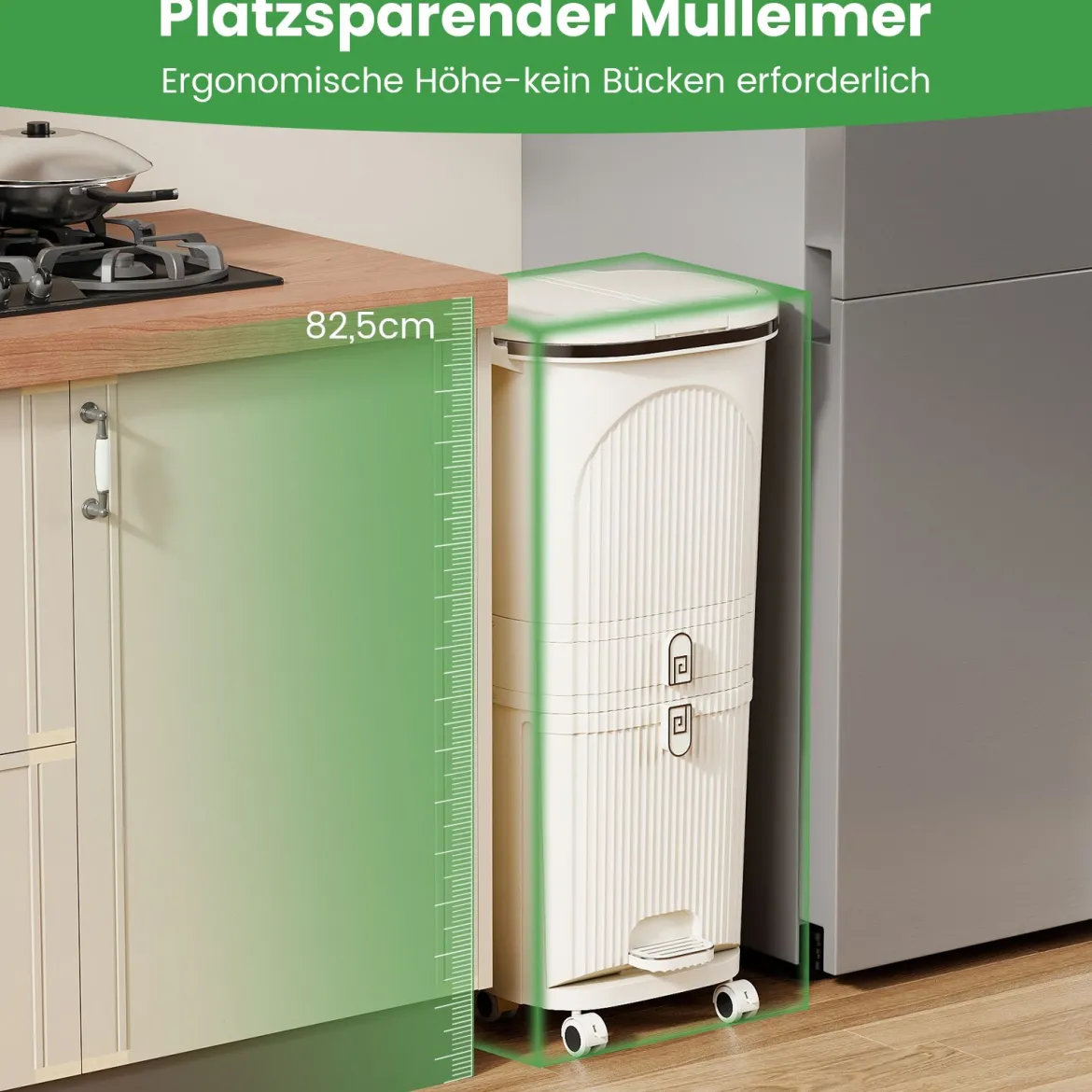 42L Küchenmülleimer mit Deckel 3-stufiger Sortiermülleimer mit 2 abnehmbaren Behältern Beige