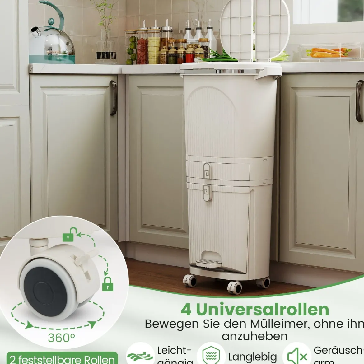 42L Küchenmülleimer mit Deckel 3-stufiger Sortiermülleimer mit 2 abnehmbaren Behältern Beige