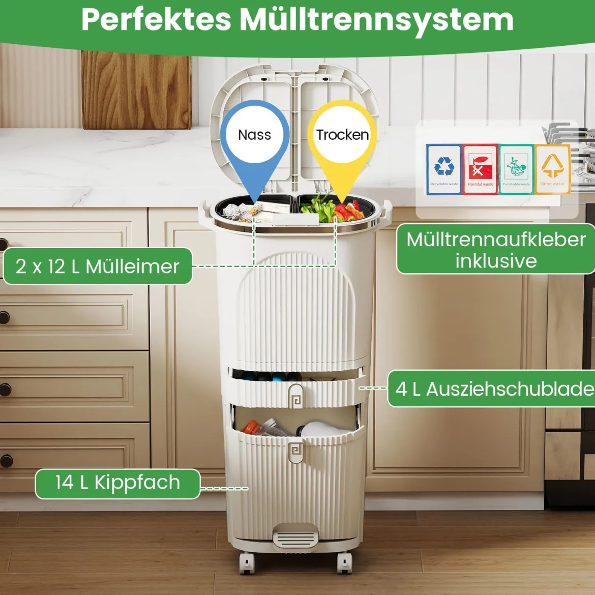 42L Küchenmülleimer mit Deckel 3-stufiger Sortiermülleimer mit 2 abnehmbaren Behältern Beige