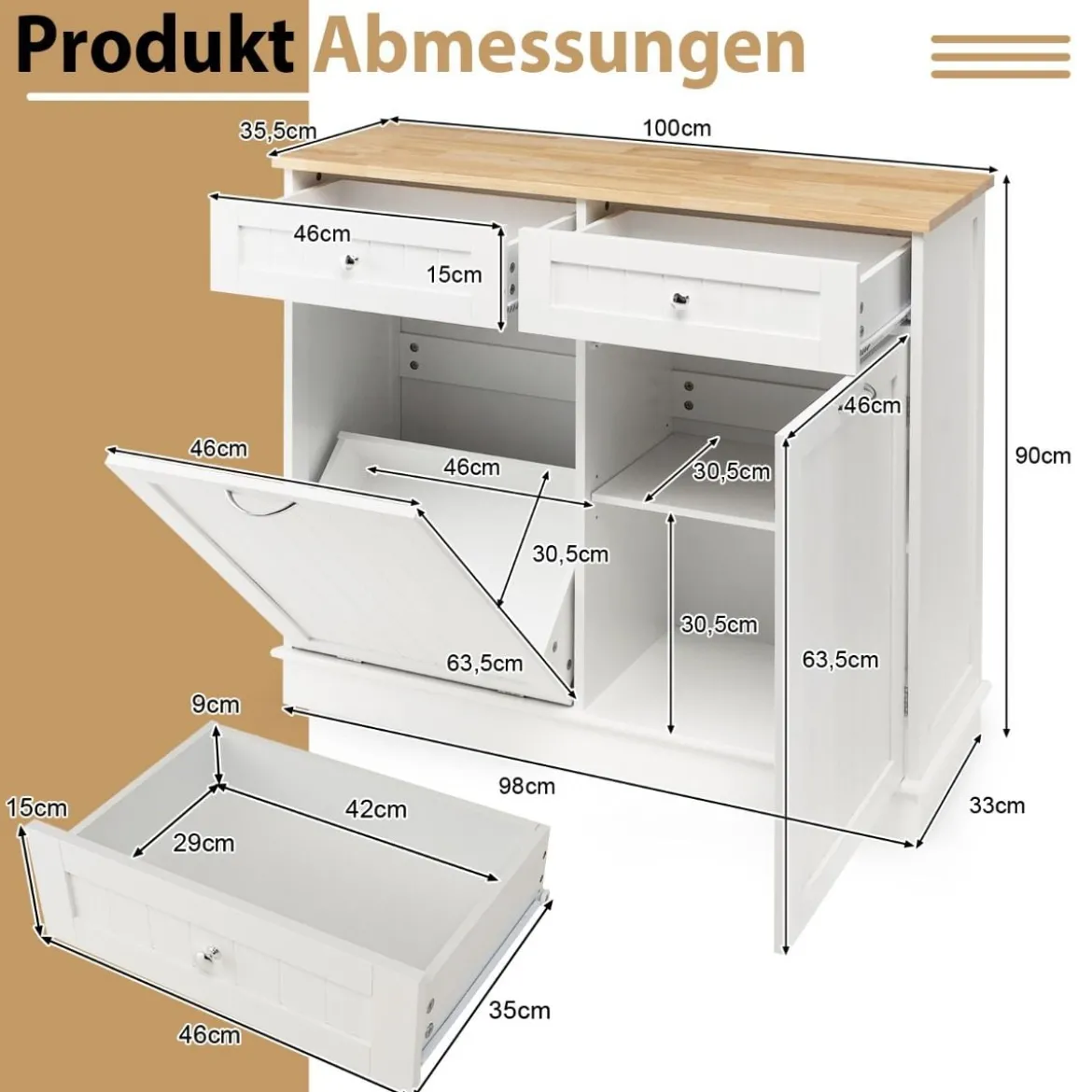 42L Kommode für Mülleimer mit Großer Arbeitplatte & 2 Schubladen & Verstellbarem Regal