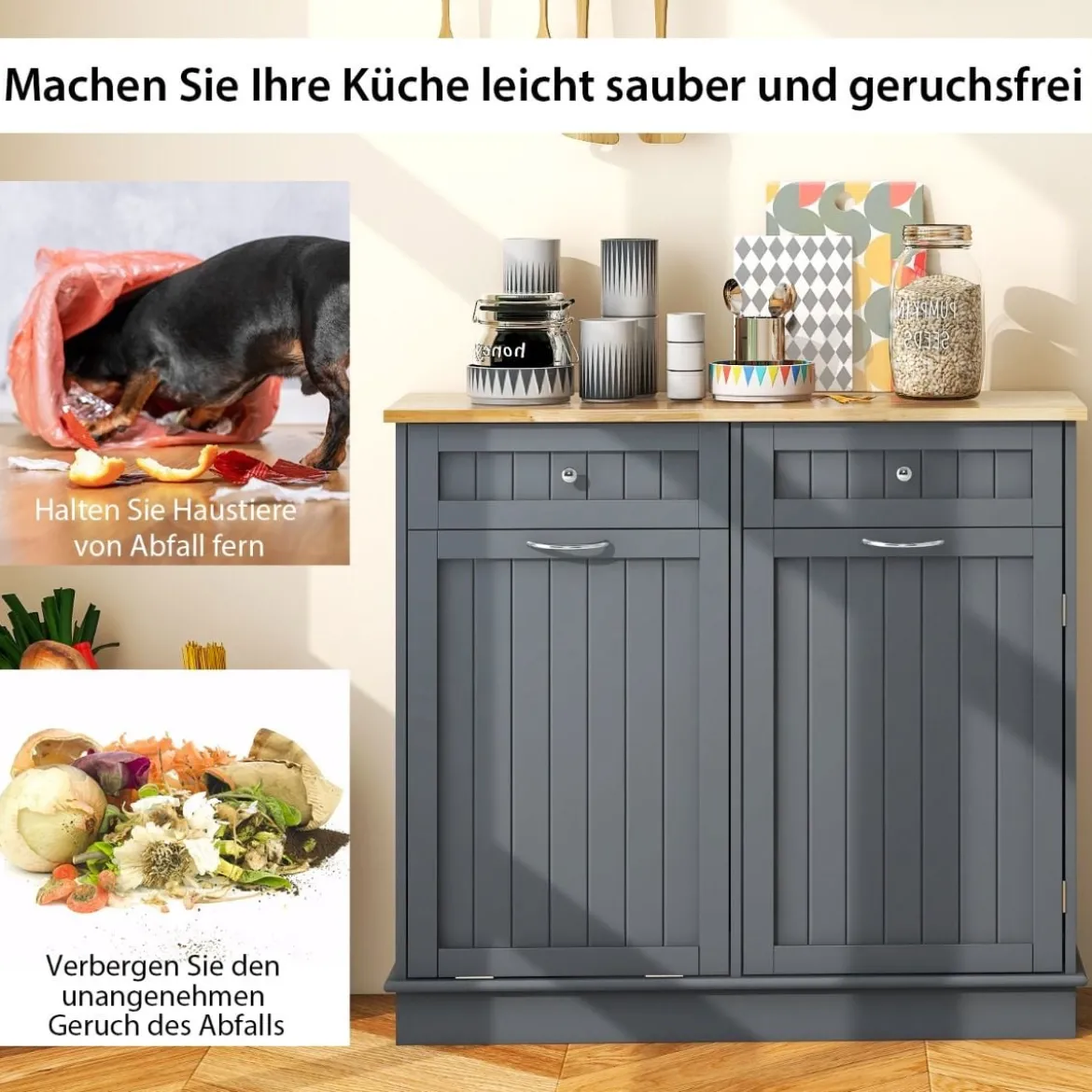 42L Kommode für Mülleimer mit Großer Arbeitplatte & 2 Schubladen & Verstellbarem Regal