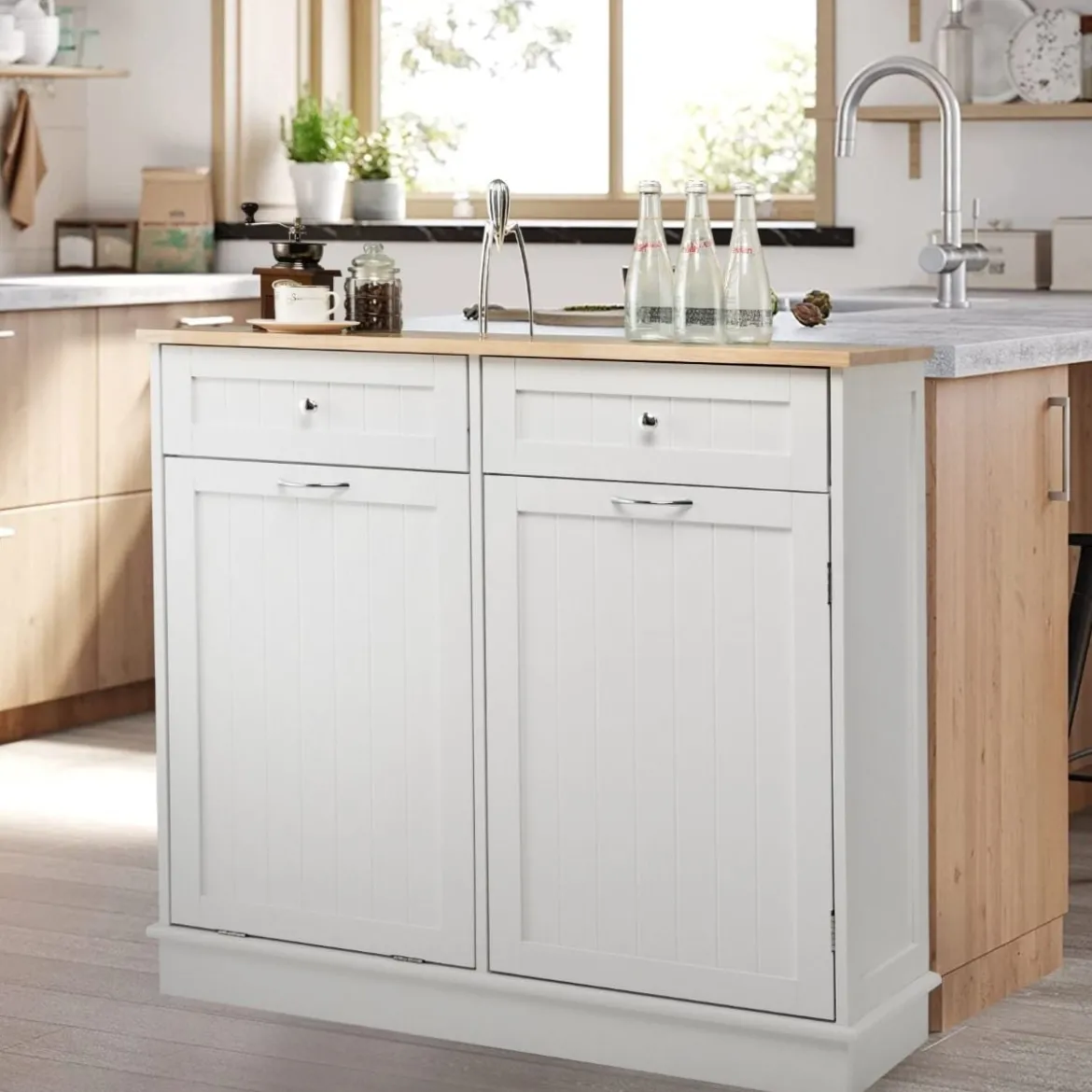 42L Kommode für Mülleimer mit Großer Arbeitplatte & 2 Schubladen & Verstellbarem Regal