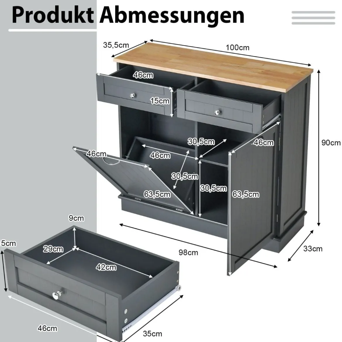 42L Kommode für Mülleimer mit Großer Arbeitplatte & 2 Schubladen & Verstellbarem Regal